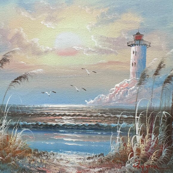 Vintage Lighthouse Seascape Oil Painting Framed Bernard B Duggan Nautical Dunes - Picture 4 of 10
